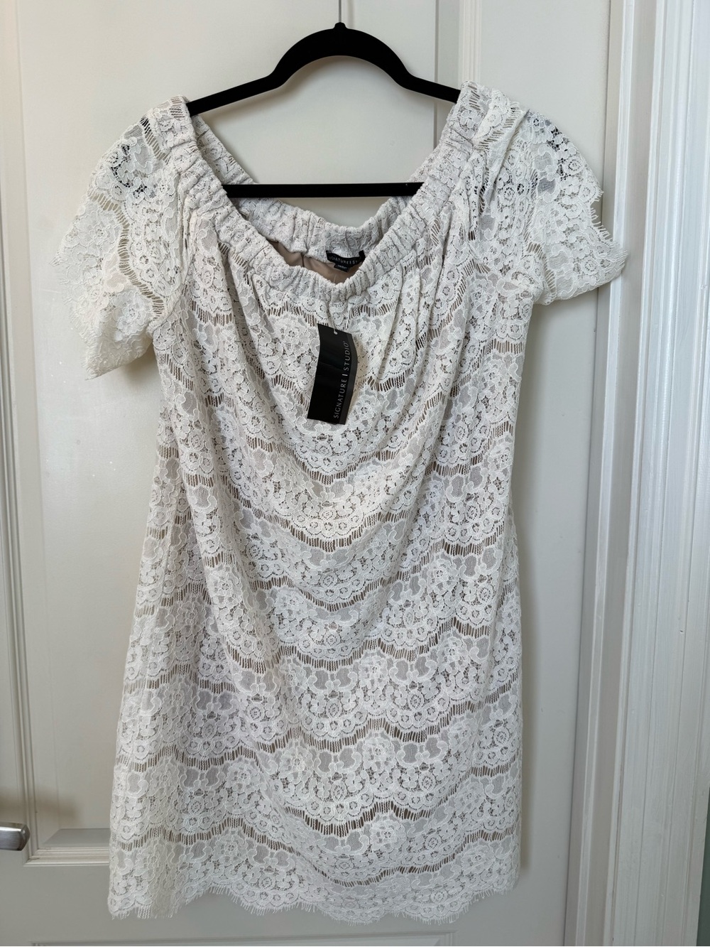 Signature Studio White Lace Off-the-Shoulder Midi Dress